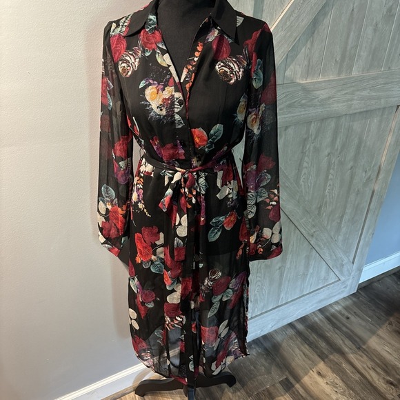 Colleen Lopez Sheer Black Floral Sheer Dress Topper Duster Button Up Whimsical S - Picture 1 of 8